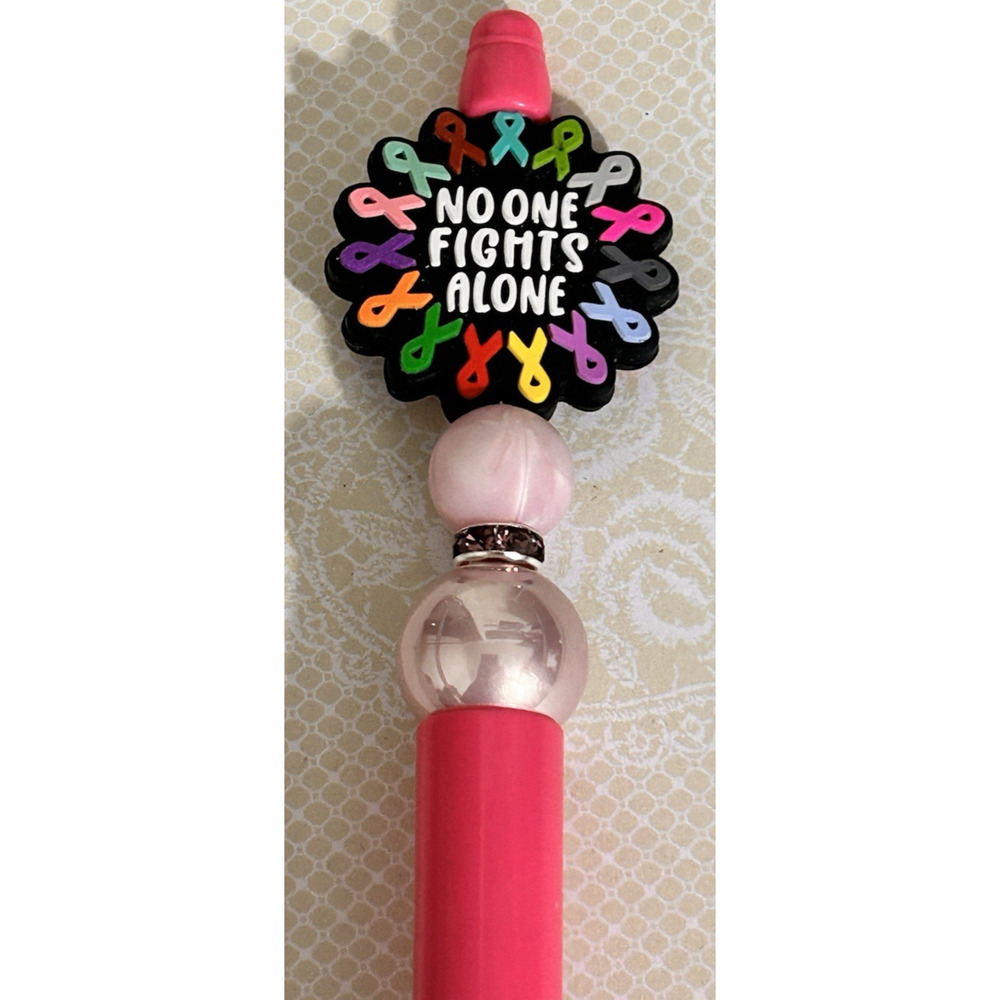 Custom Pink Beaded Pen Cancer Awareness Colorful No One Fights Alone Message